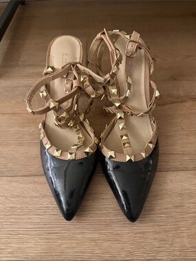 BCBGeneration Black Patent Pointed Flats with Tan Studded Straps